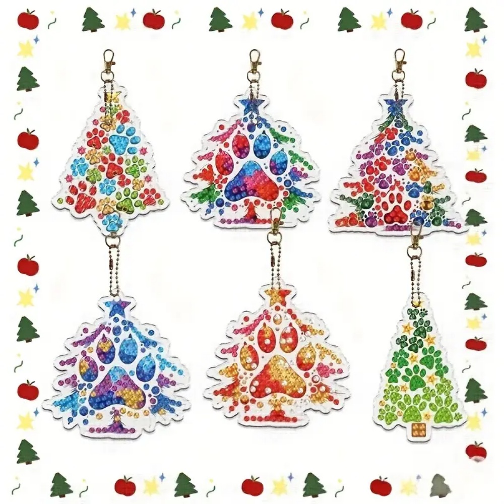 Resin Craft For Beginners - 6個/セット DIY クリスマスツリーパターン ダイヤモンドペインティングキーホルダー、DIY モザイククラフトキット 初心者向け、女性用バックパックペン