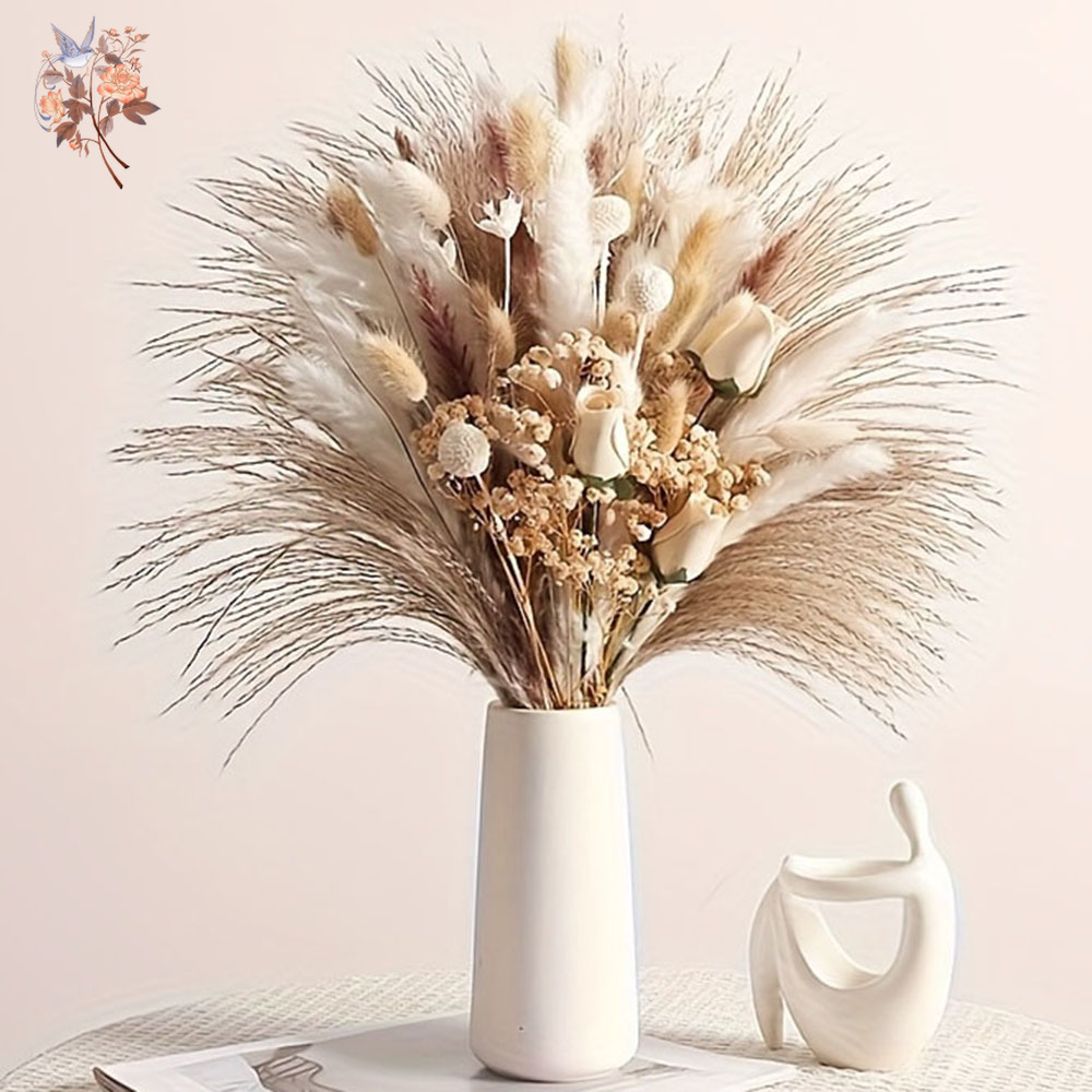 Dried Flower Bulk - 80個入り人工ドライフラワーブーケ、インテリアホームテーブルデコレーション用、リアルタッチのフェイクローズ、ベイビーブレス、パンパスグラス、花瓶フィラー