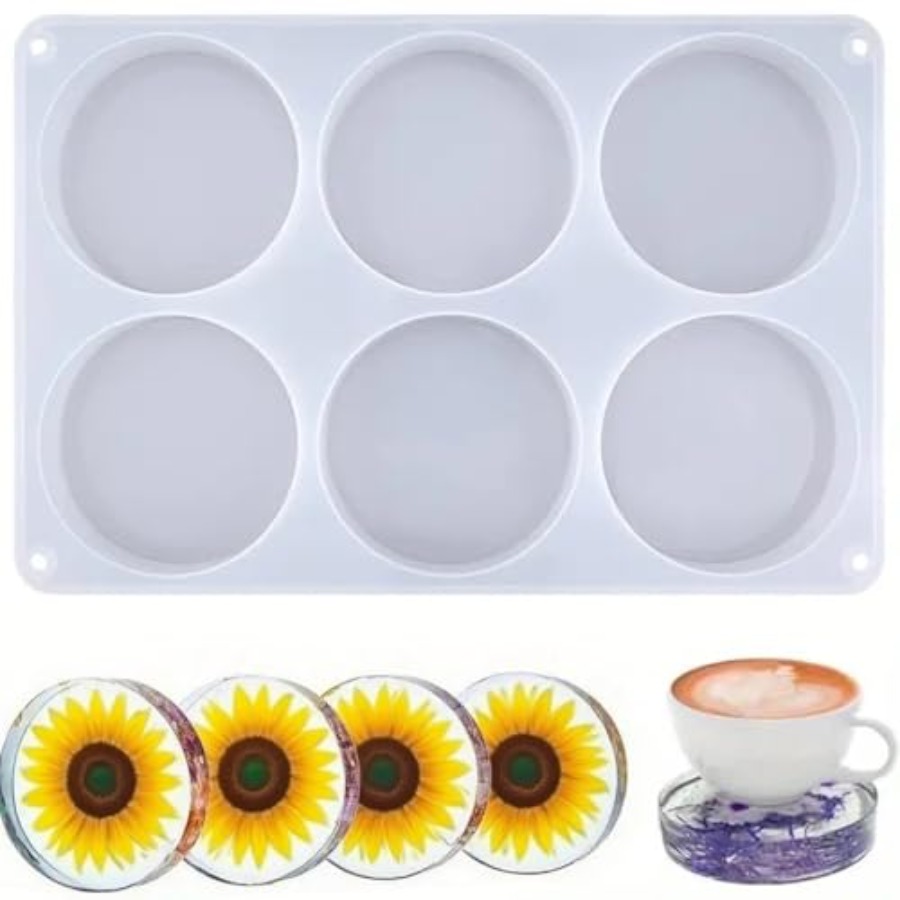 Flower Preservation Resin - 6つの空洞を持つ深い丸型コースターシリコンモールド、エポキシ樹脂用、4インチのコースター樹脂モールド、フラワーブーケ保存用