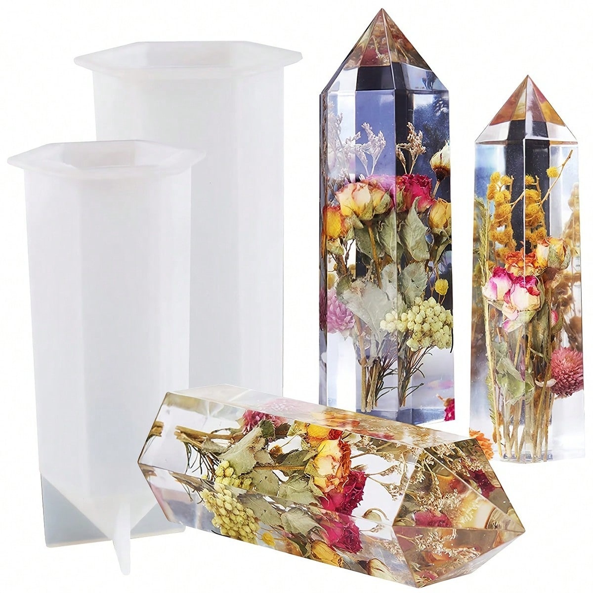 Flower Preservation Resin - 1個入りクリスタタワー樹脂シリコンモールド、DIYドライフラワー保存用大型六角ポイント樹脂鋳造モールド、家の装飾用