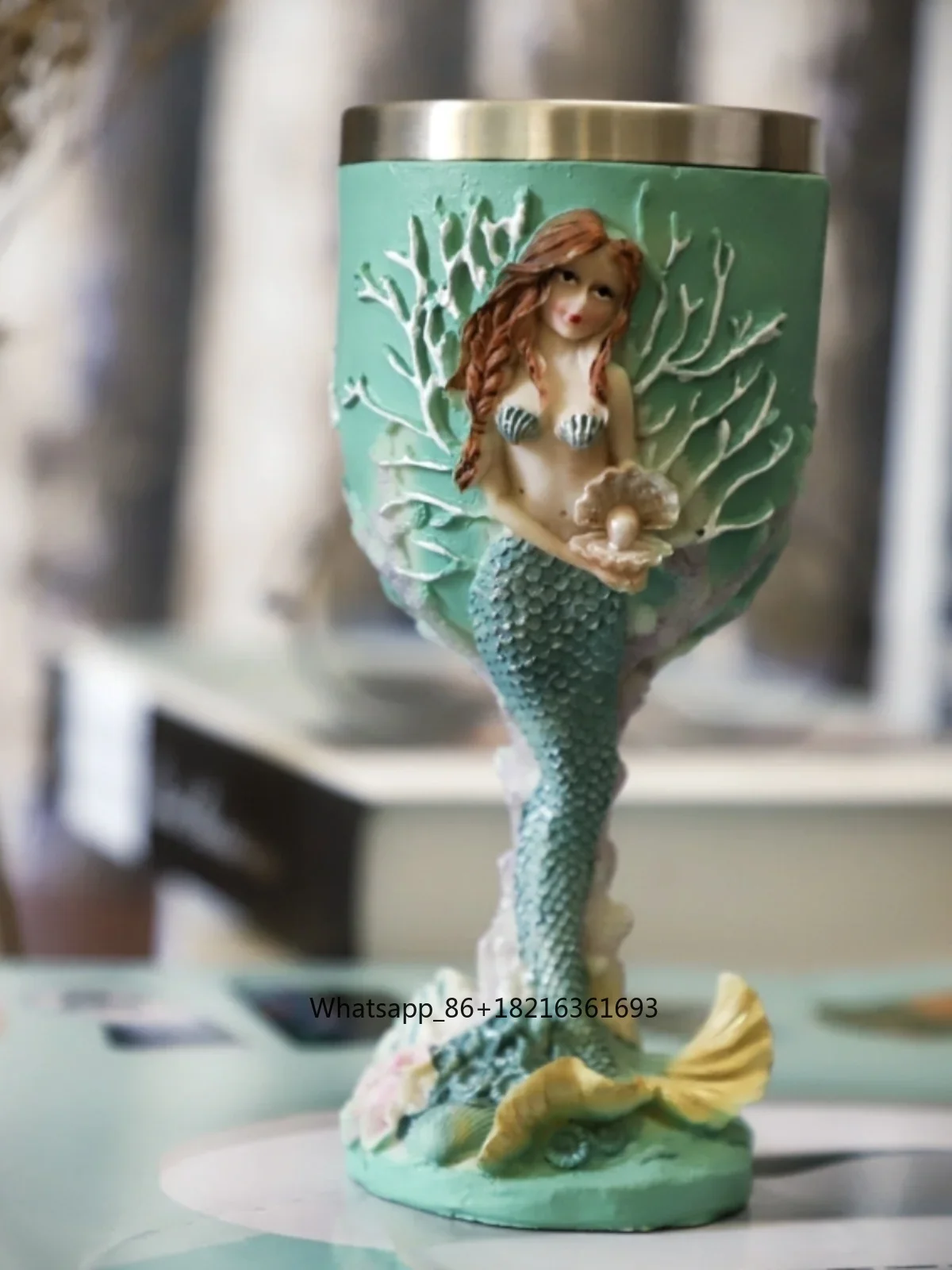 Crafting Resin - 三次元彫刻マーメイド手描き工芸ゴブレット樹脂製クリエイティブステンレス鋼ワイングラス外国貿易ウォーターカップ
