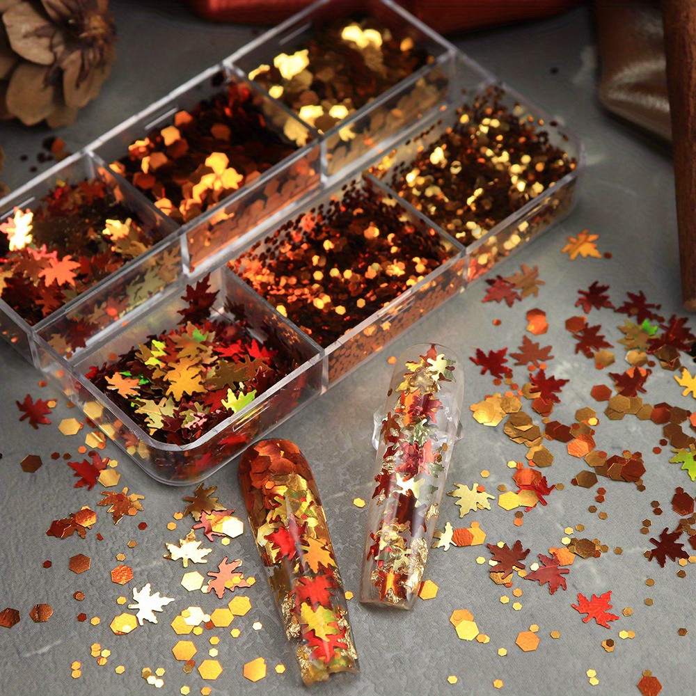 6グリッド秋ネイルグリッターフレーク、ゴールデンレッドオレン - Gold Foil Flakes のレビューと価格