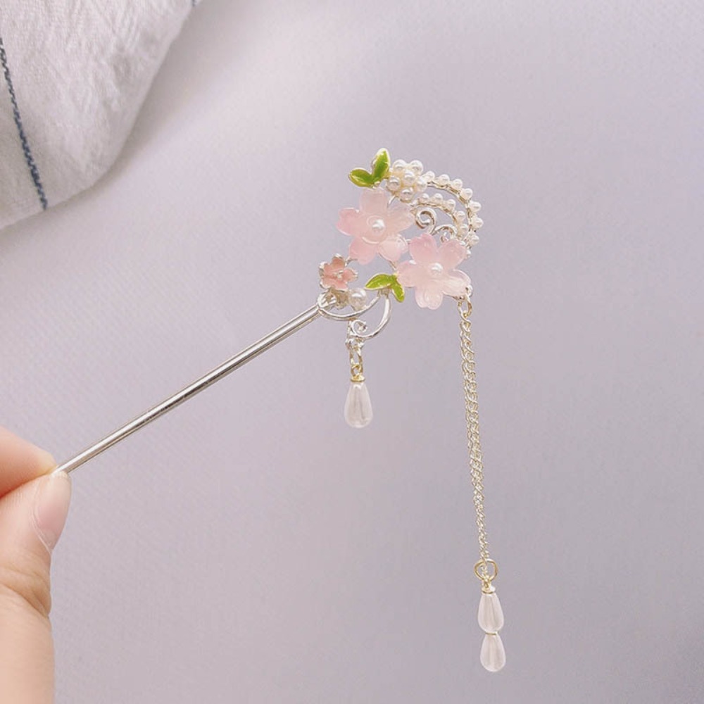 1 ピース中国風ヘアスティック: ピンクの樹脂の花、パール  - Resin Craft Ideas のレビューと価格